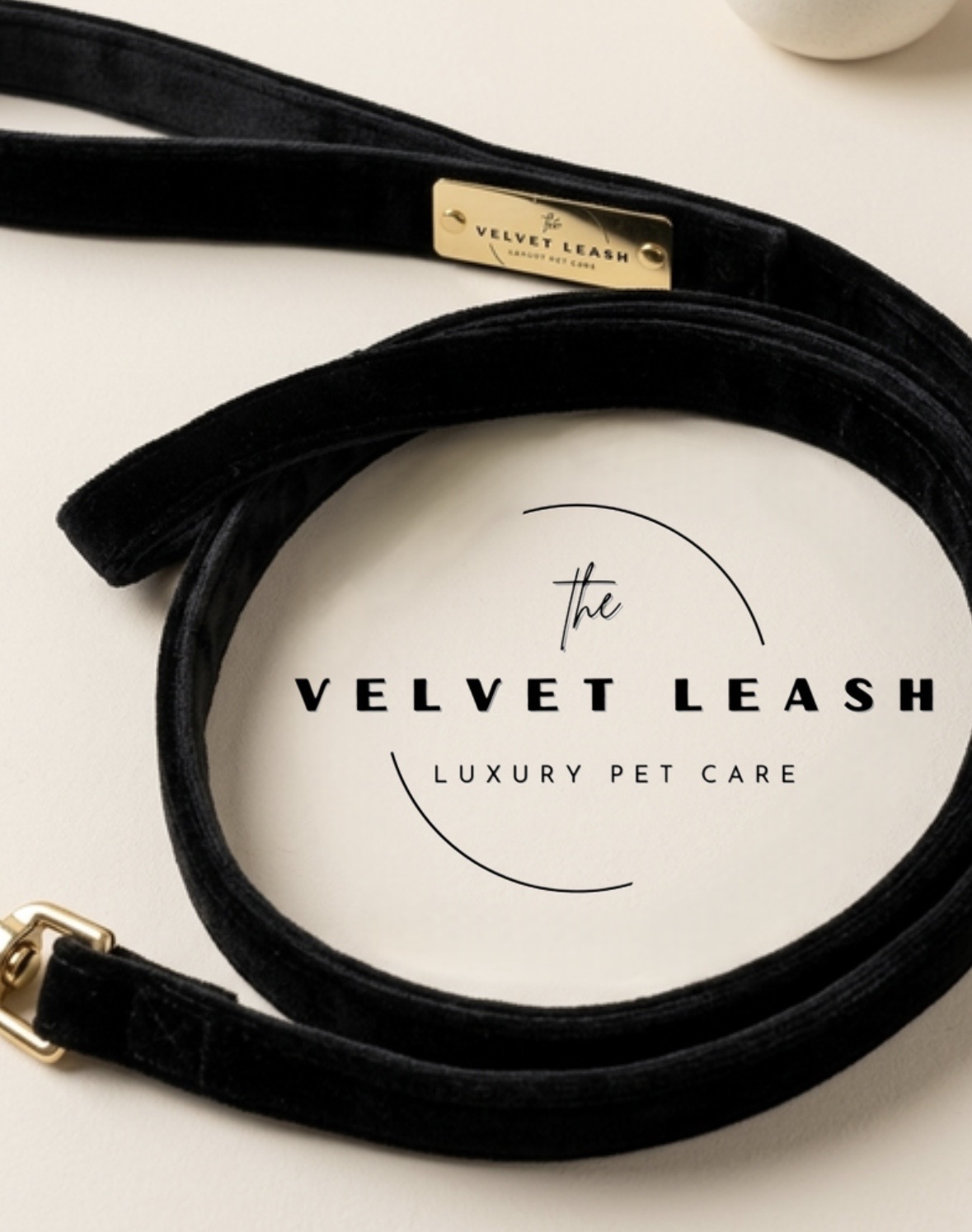 A black velvet leash with brass hardware
